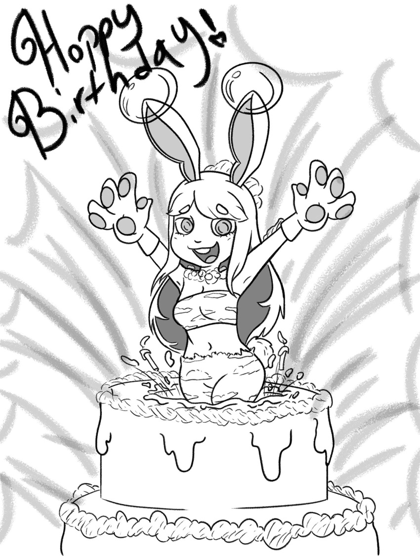 &lt;3 &lt;3_eyes 2019 animal_humanoid blue_body blue_fur blush breasts bubble cake carrot clothed clothing female food fur gloves greyscale hair handwear happy_birthday hi_res humanoid lagomorph lagomorph_humanoid leporid leporid_humanoid mammal mammal_humanoid midnytesketch monochrome multicolored_body multicolored_fur open_mouth paws plant rabbit_humanoid simple_background smile solo usawa_fuwakaru vegetable white_body white_fur