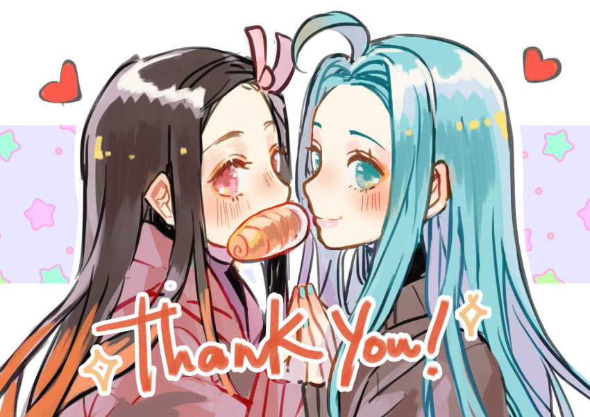 2girls ahoge black_hair blue_eyes blue_hair blue_nails granblue_fantasy hair_intakes hair_ribbon hakamii heart kamado_nezuko kimetsu_no_yaiba long_hair lyria_(granblue_fantasy) multicolored_hair multiple_girls nail_polish orange_hair pink_eyes pink_nails pink_ribbon ribbon shiny shiny_hair sketch straight_hair thank_you two-tone_hair upper_body very_long_hair