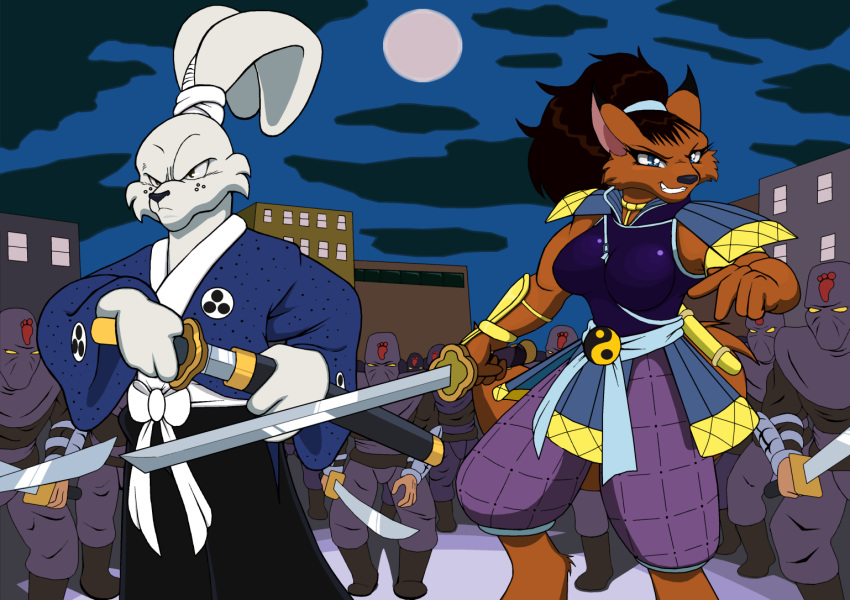 2012 anthro brown_body brown_fur building canid canine city clothing droll3 duo female fox full_moon fur lagomorph leporid male mammal melee_weapon miyamoto_usagi moon ninjara_(tmnt) rabbit samurai sword teenage_mutant_ninja_turtles teeth usagi_yojimbo warrior weapon white_body white_fur yin_yang