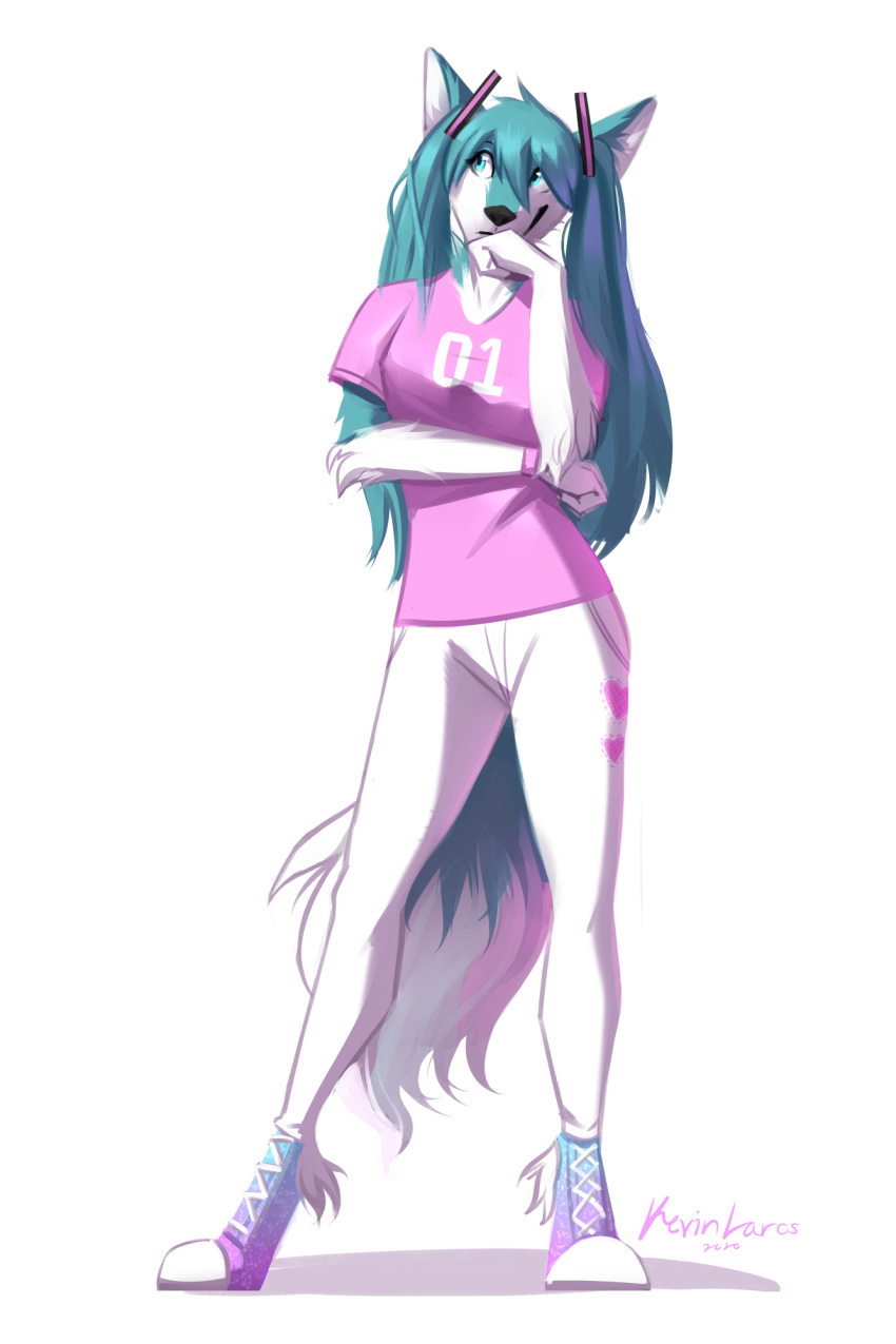 2020 alternate_species anthro arm_under_breasts bottomwear breasts canid canine canis clothing dipstick_tail eyebrows female footwear fur furrification green_eyes green_hair hair hatsune_miku hi_res kevinlaros mammal multicolored_tail pants pigtails shirt shoes smile solo standing topwear vocaloid white_body white_fur wolf