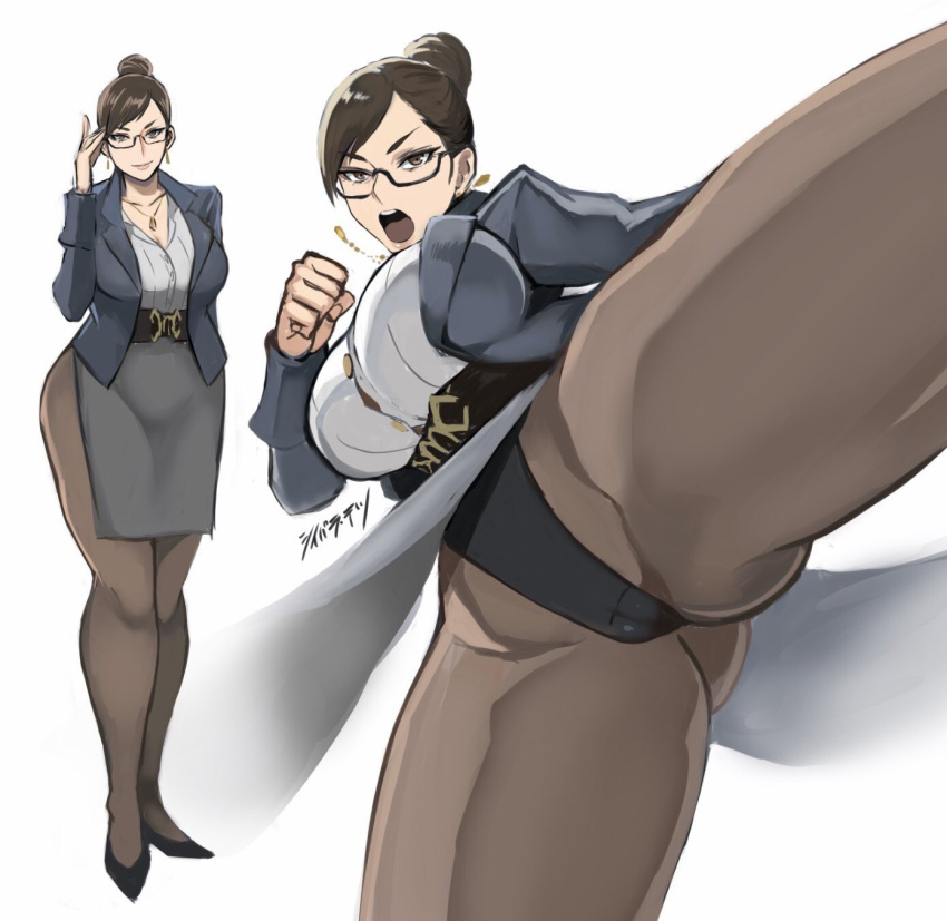 1girl alternate_costume alternate_hairstyle ass_visible_through_thighs belt bespectacled black_panties blazer breasts brown_legwear cameltoe chun-li clenched_hand collage commentary_request earrings glasses grey_skirt hair_bun high_heels highres jacket jewelry kicking large_breasts mature open_mouth panties panties_over_pantyhose pantyhose pencil_skirt semi-rimless_eyewear shibusun shirt side_slit skirt solo street_fighter street_fighter_v teacher thick_thighs thighs under-rim_eyewear underwear upskirt white_shirt
