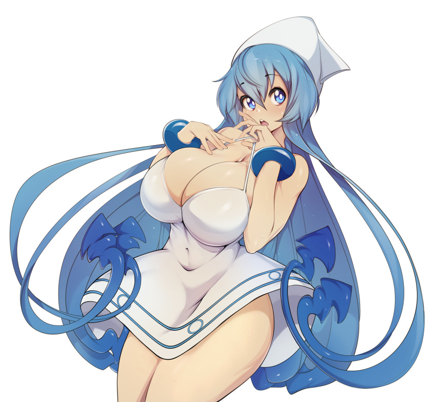 1girl absurdres alternate_breast_size blue_eyes blue_hair bracelet breasts cleavage commentary covered_navel dress english_commentary eyebrows_visible_through_hair hair_between_eyes hat highres huge_breasts ikamusume jewelry long_hair older shinryaku!_ikamusume simple_background slugbox solo squid_hat tentacle_hair white_background white_dress white_headwear