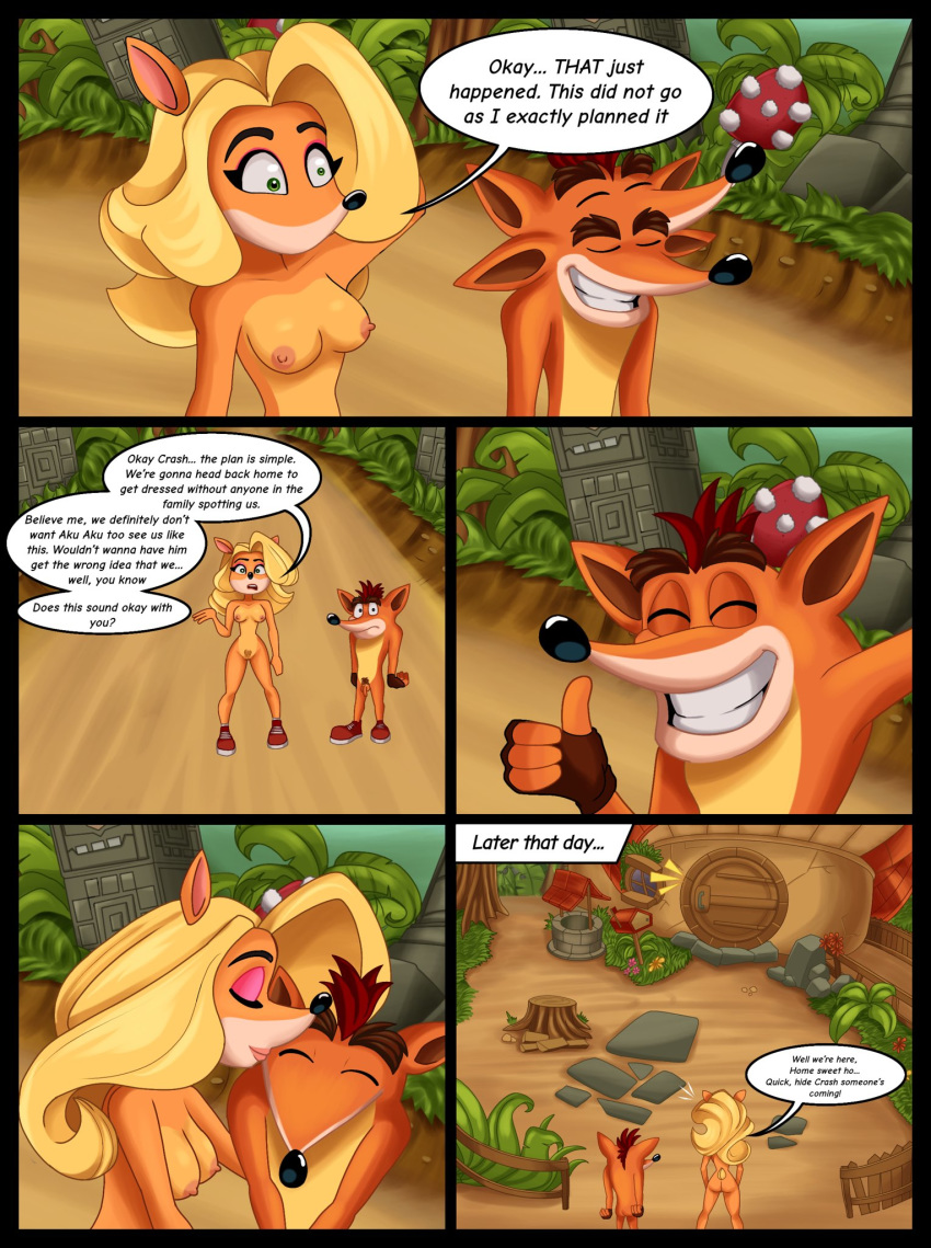 activision anthro bandicoot blonde_hair breasts brown_hair building butt clothing comic crash_bandicoot crash_bandicoot_(series) dialogue door duo english_text female fence fingerless_gloves footwear footwear_only genitals gesture gloves green_eyes hair handwear hi_res house kissing kissing_cheek magaska19 male male/female mammal marsupial mostly_nude nude penis pubes pussy romantic_ambiance romantic_couple round_door shoes shoes_only size_difference smile tawna_bandicoot text thumbs_up time_card video_games