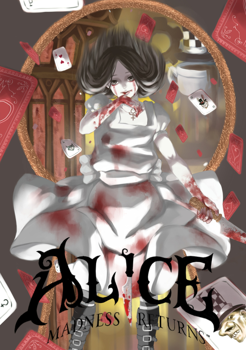 1girl absurdres alice:_madness_returns alice_(wonderland) american_mcgee's_alice black_hair blood bloody_knife card cheshire_cat dress highres knife long_hair looking_at_viewer mad_hatter solo striped striped_legwear weapon white_rabbit