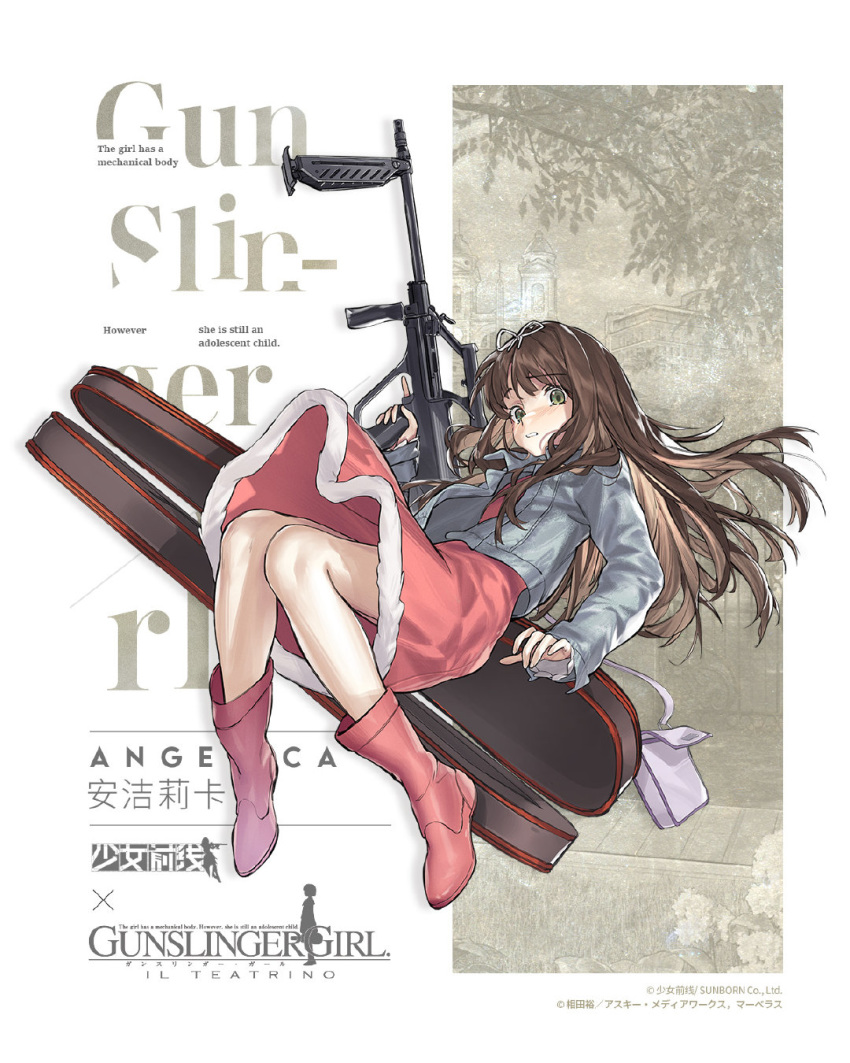 1girl angelica_(gunslinger_girl) assault_rifle bipod blue_jacket boots brown_hair bullpup copyright_name crossover dress english_text girls_frontline green_eyes grip gun gunslinger_girl hair_ribbon highres jacket long_hair long_sleeves official_art pink_dress pink_footwear ribbon rifle steyr_aug weapon