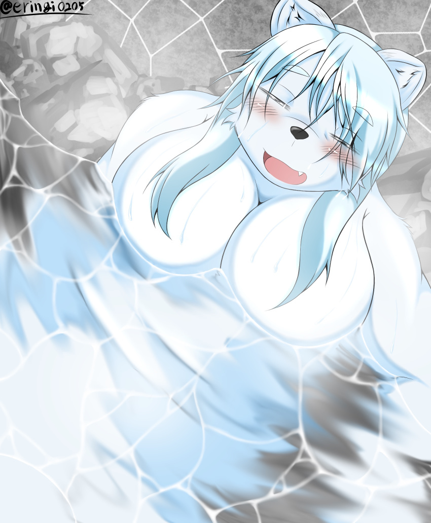 anthro big_breasts bird's-eye_view black_nose blush breasts cheek_tuft cute_fangs eringi eyes_closed facial_tuft female fur hair hi_res high-angle_view hot_spring huge_breasts kemono long_hair mammal navel nude onsen open_mouth open_smile partially_submerged polar_bear relaxing sitting slightly_chubby smile solo steam tuft ursid ursine water wet white_body white_fur white_hair