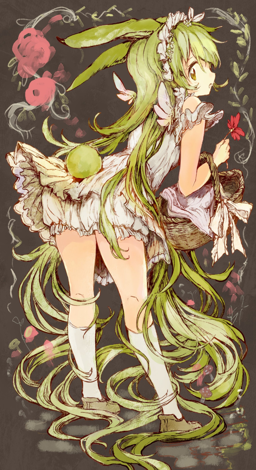 1girl absurdres angel_wings animal_ears bloomers bunny_ears bunny_tail camomi dress flower frilled_dress frills from_behind green_eyes green_hair headdress highres holding holding_flower kneehighs leaning_forward long_hair original picnic_basket shoes solo tail underwear very_long_hair white_dress white_legwear wings