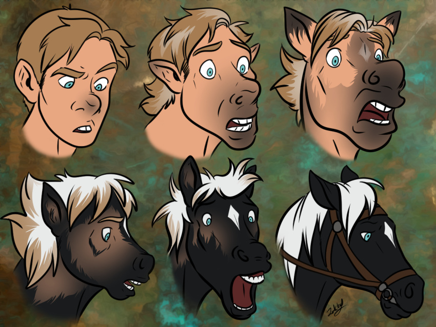 4:3 black_body black_fur blue_eyes bridle brown_hair bust_portrait ear_growth equid equine feral fur green_background hair horse human human_to_feral jakkal male mammal mane muzzle_growth open_mouth portrait short_hair simple_background snout solo species_transformation tan_body tan_skin tongue transformation white_mane