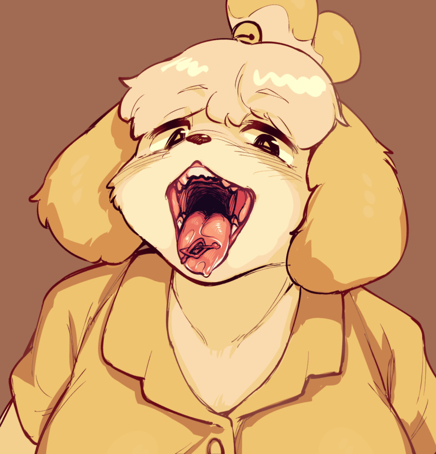 animal_crossing anthro black_eyes blonde_hair bodily_fluids brown_background bust_portrait canid canine canis cherry_stem_knot clothed clothing domestic_dog female floppy_ears fluffy_ears fully_clothed fur gaping_mouth hair hi_res isabelle_(animal_crossing) kemono looking_at_viewer mammal morokko mouth_shot nintendo open_mouth open_smile portrait saliva saliva_on_tongue shih_tzu shirt short_hair simple_background smile solo stem tan_body tan_fur teeth tongue tongue_out topwear toy_dog video_games yellow_body yellow_clothing yellow_fur yellow_shirt yellow_topwear