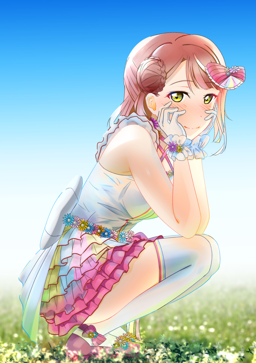 1girl absurdres back_bow bare_shoulders bow bow_footwear breasts commentary cross-laced_top dress ear english_commentary eyebrows_visible_through_hair flower frilled_gloves frilled_straps frills gloves grass hair_bun hair_ornament hands_on_own_face highres idol love_live! love_live!_school_idol_festival_all_stars medium_breasts outdoors pink_footwear pink_skirt profile rainbow_skirt red_hair short_hair side_bun skirt sleeveless sleeveless_dress solo squatting striped thighhighs uehara_ayumu white_gloves white_legwear yellow_eyes zakimpo zettai_ryouiki