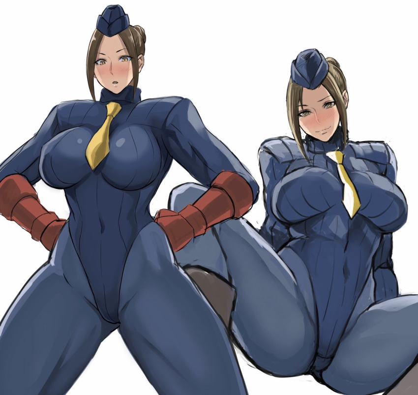 1girl bangs blue_legwear blue_leotard blush boots breasts collage covered_navel elbow_gloves forehead garrison_cap gloves hair_bun hat highres huge_breasts impossible_clothes impossible_leotard juli leotard necktie nose_blush pantyhose parted_bangs red_gloves ribbed_leotard shibusun short_hair shoulder_pads solo spread_legs street_fighter street_fighter_zero_(series) thick_thighs thighs yellow_neckwear
