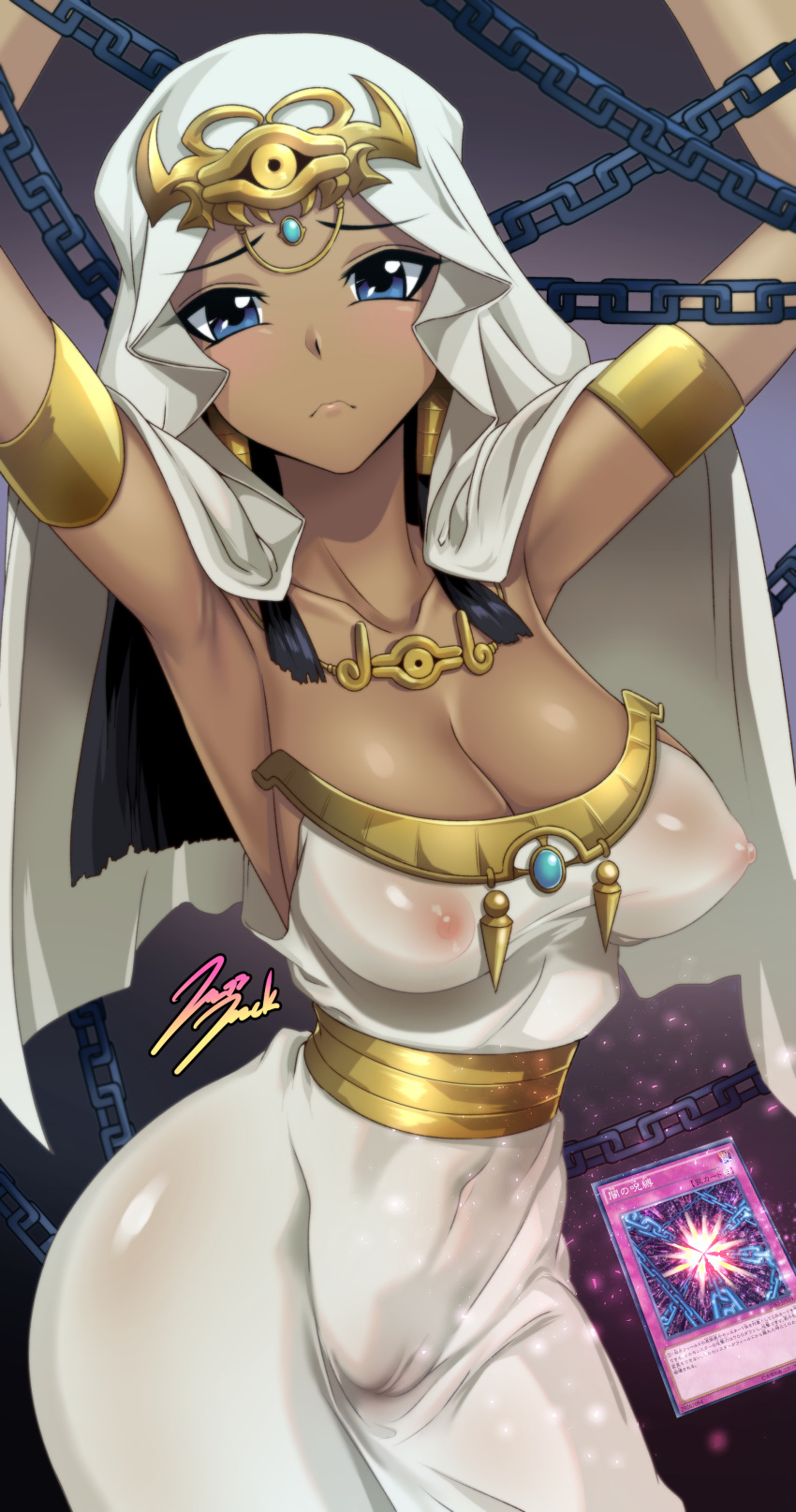 1girl absurdres armlet armpits arms_up black_hair blue_eyes blush breasts cameltoe card chain cleavage collarbone covered_navel covered_nipples dark_skin dress egyptian forehead_jewel frown hair_tubes headdress headpiece highres impossible_clothes impossible_dress ishizu_ishtar jazzjack large_breasts long_hair nipples no_bra no_panties playing_card see-through sidelocks signature solo straight_hair yuu-gi-ou yuu-gi-ou_duel_monsters