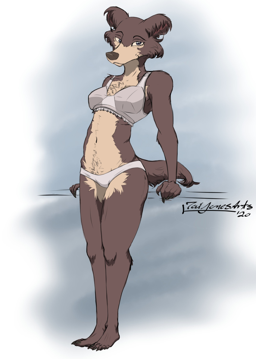 2020 absurd_res anthro beastars bedroom_eyes bra breasts brown_body brown_fur canid canine canis chest_tuft clothed clothing female front_view full-length_portrait fur hi_res juno_(beastars) looking_at_viewer mammal narrowed_eyes panties portrait seductive solo standing taiarts tuft underwear underwear_only white_bra white_panties wolf
