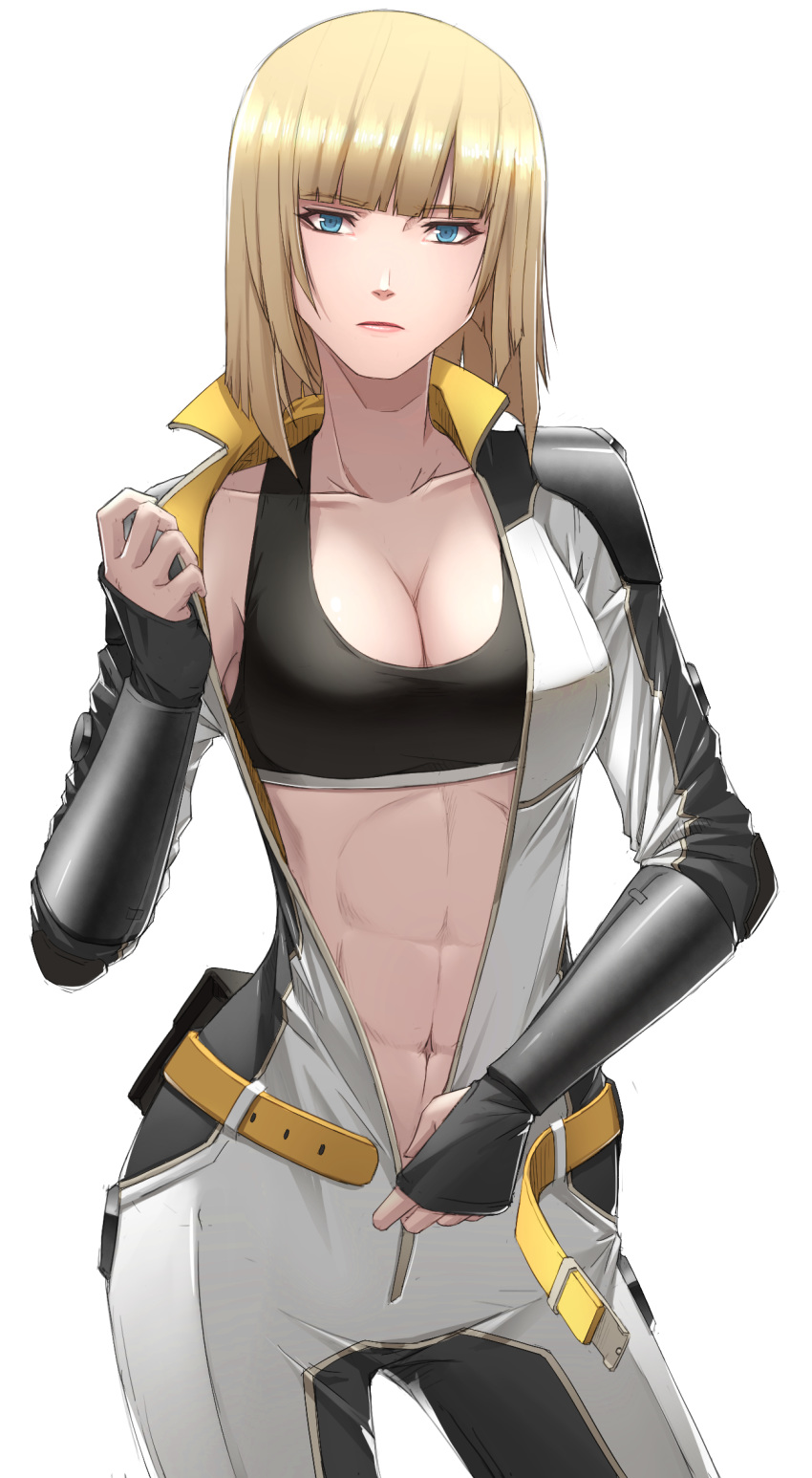 1girl abs bangs black_sports_bra blonde_hair blue_eyes blunt_bangs bodysuit breasts cleavage closed_mouth collarbone cowboy_shot english_commentary eyebrows_visible_through_hair gauntlets highres long_sleeves looking_at_viewer medium_breasts midriff navel original short_hair sidelocks simple_background solo standing sthreep unzipping white_background white_bodysuit yellow_belt