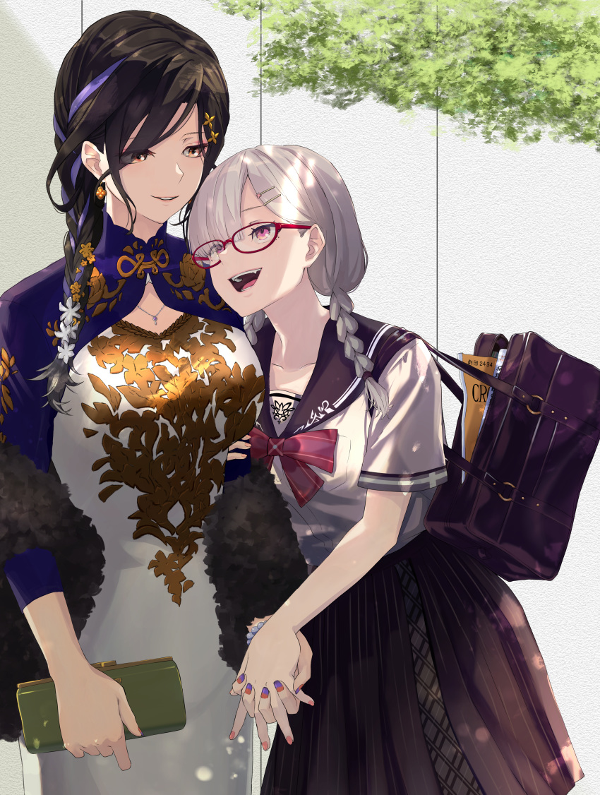 2girls :d absurdres bag bangs black_hair bow braid china_dress chinese_clothes commentary_request dress glasses hair_ornament hair_over_one_eye hair_over_shoulder hairclip handbag highres holding_hands huge_filesize interlocked_fingers looking_at_another multicolored_hair multiple_girls nijisanji open_mouth orange_eyes parted_bangs pleated_skirt red-framed_eyewear red_bow school_bag school_uniform serafuku shirayuki_tomoe silver_hair skirt smile streaked_hair sukoya_kana twin_braids virtual_youtuber white_dress yellow_eyes yuri zasshu_tamashii