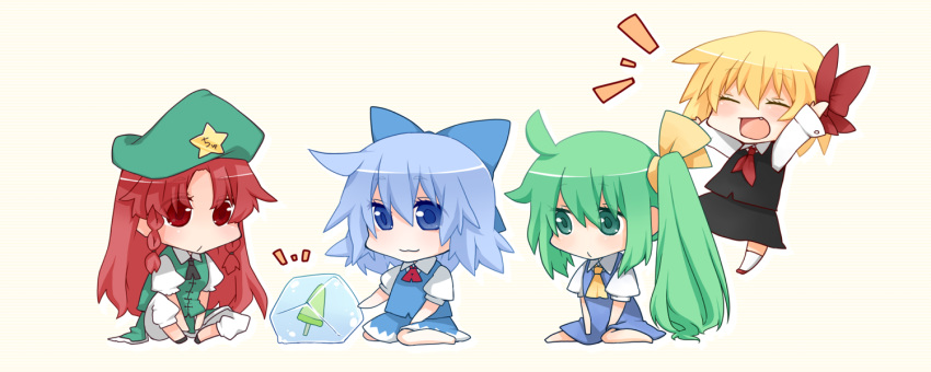 4girls :/ :3 :d \o/ ^_^ ahoge arms_up ascot beret black_neckwear blonde_hair blue_dress blue_eyes blue_hair blush bow braid butterfly_sitting chibi china_dress chinese_clothes cielo_oceano cirno closed_eyes commentary_request daiyousei dress dress_shirt eyebrows_visible_through_hair eyelashes fang floating food full_body green_eyes green_hair hair_bow hair_ribbon hat hat_ornament hong_meiling ice long_hair long_sleeves multiple_girls no_wings notice_lines open_mouth outstretched_arms pants pants_under_dress popsicle puffy_short_sleeves puffy_sleeves red_eyes red_hair red_neckwear ribbon rumia seiza shirt shirt_under_dress short_hair short_sleeves simple_background sitting skirt skirt_set smile star_(symbol) touhou tress_ribbon twin_braids v_arms wariza white_background white_shirt yellow_neckwear