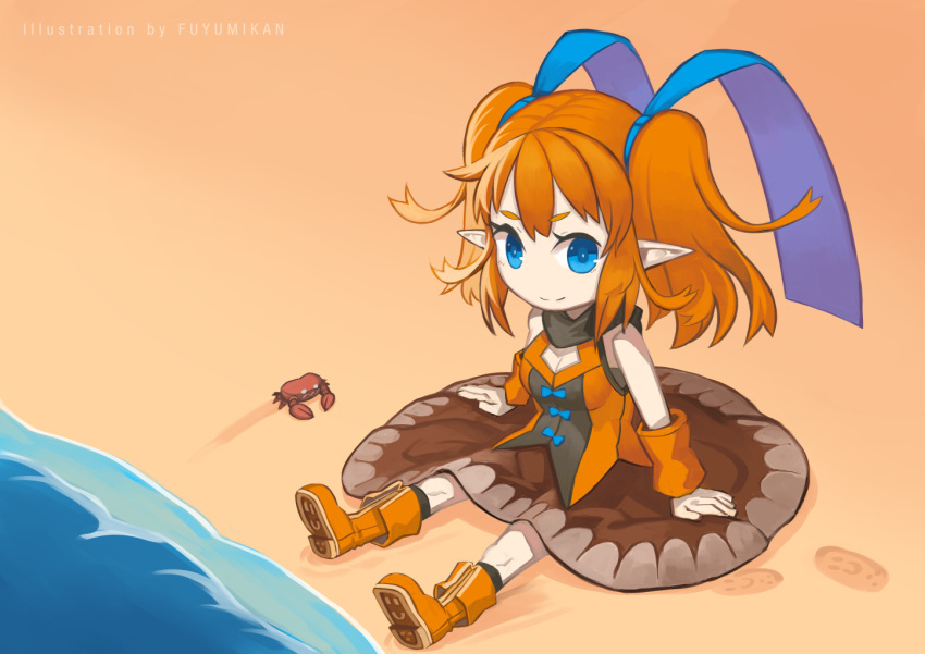 1girl ankle_boots bare_shoulders beach blue_bow blue_eyes boots bow breasts brown_skirt cleavage closed_mouth crab footprints hair_ornament looking_at_viewer medium_hair nagi_itsuki ocean orange_footwear orange_hair original sand skirt smile solo twintails wristband
