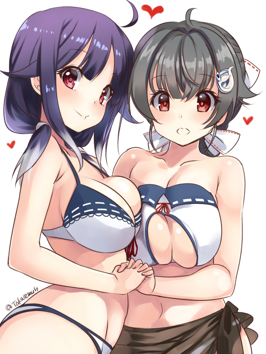 2girls ahoge asymmetrical_docking bikini black_hair breast_press breasts brown_sarong cleavage cleavage_cutout collarbone commentary_request cowboy_shot hair_flaps highres holding_hands jingei_(kantai_collection) kantai_collection large_breasts low_twintails multiple_girls parted_lips purple_hair red_eyes sarong simple_background swimsuit taigei_(kantai_collection) takase_muu twintails white_background