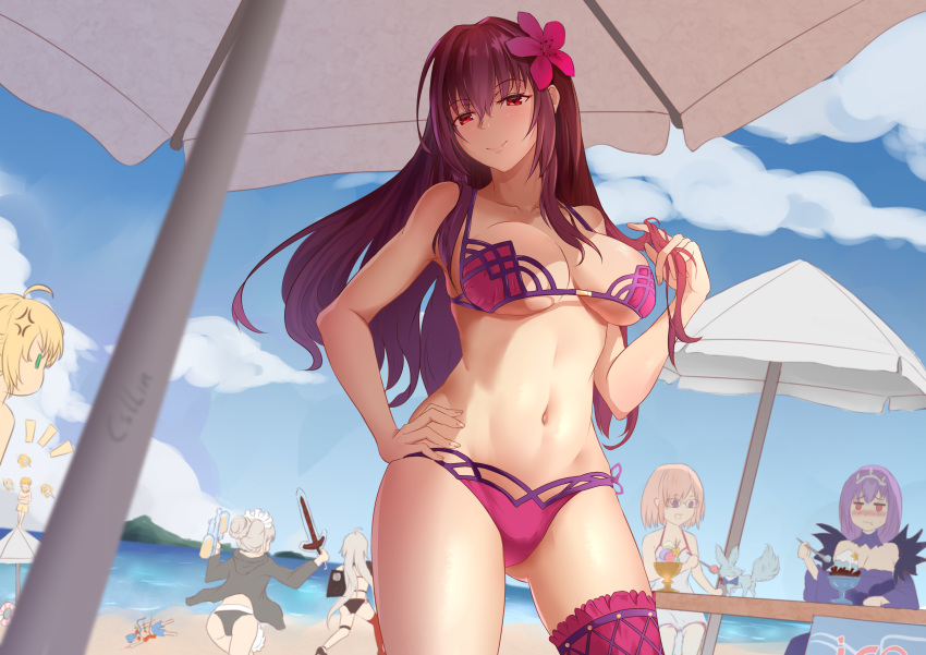 2boys 6+girls absurdres artist_request artoria_pendragon_(all) artoria_pendragon_(swimsuit_archer) artoria_pendragon_(swimsuit_rider_alter) bangs bare_shoulders beach beach_umbrella bikini blue_sky blush breasts cleavage closed_mouth collarbone cu_chulainn_(fate)_(all) fate/grand_order fate/stay_night fate_(series) flower food fou_(fate/grand_order) gilgamesh hair_flower hair_ornament hibiscus highres ice_cream jeanne_d'arc_(alter_swimsuit_berserker) jeanne_d'arc_(fate)_(all) lancer large_breasts leg_garter long_hair looking_at_viewer mash_kyrielight multiple_boys multiple_girls navel ocean purple_bikini purple_hair red_eyes scathach_(fate)_(all) scathach_(swimsuit_assassin)_(fate) scathach_skadi_(fate/grand_order) short_hair sky smile solo_focus swimsuit thighs umbrella