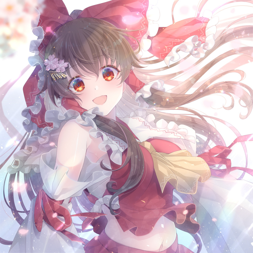 1girl :d ascot bandages bangs bare_shoulders bloom bow breasts brown_hair detached_sleeves eyebrows_visible_through_hair floating_hair flower frilled_bow frilled_shirt_collar frills hair_bow hair_flower hair_ornament hair_tubes hakurei_reimu highres light_particles long_hair looking_at_viewer medium_breasts midriff navel official_art open_mouth petals red_bow red_eyes ribbon-trimmed_sleeves ribbon_trim sarashi shirt sleeveless smile solo soukuu_kizuna sparkle touhou upper_body wide_sleeves wind wind_lift yellow_neckwear