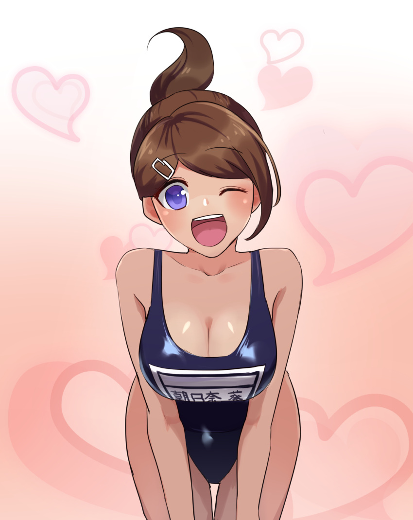 1girl ;d asahina_aoi bangs bent_over blue_eyes breasts brown_hair character_name cleavage collarbone cowboy_shot danganronpa danganronpa_1 eyebrows_visible_through_hair floating_hair gradient gradient_background hair_ornament hairclip heart heart_background highres large_breasts looking_at_viewer one_eye_closed open_mouth pink_background ponytail school_swimsuit shiny shiny_hair shiny_skin short_hair sketti smile solo standing swept_bangs swimsuit