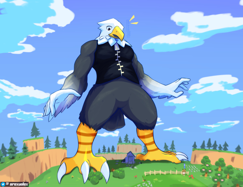 accipitrid accipitriform animal_crossing anthro apollo_(animal_crossing) arexualex avian bald_eagle bird canid canine canis clothed clothing eagle hi_res kyle_(animal_crossing) looming macro male mammal nintendo sea_eagle video_games wolf