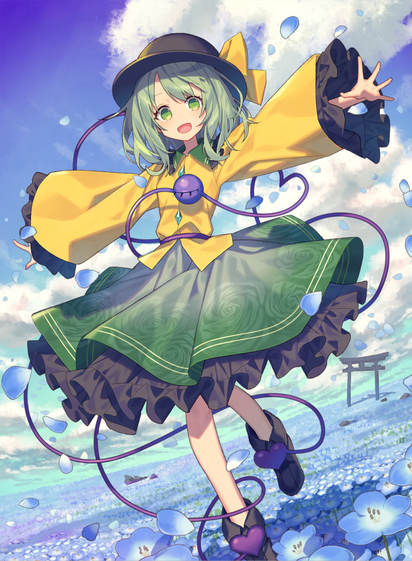 1girl black_footwear black_headwear blue_flower blue_sky boots cloud collared_shirt day floral_print flower frilled_skirt frills green_eyes green_hair green_skirt hat hat_ribbon heart heart_of_string highres komeiji_koishi long_sleeves looking_at_viewer medium_hair open_mouth outdoors outstretched_arms petals ribbon shirt skirt sky smile solo spread_arms third_eye torii touhou wide_sleeves wind yellow_ribbon yellow_shirt zaza_(x-can01)