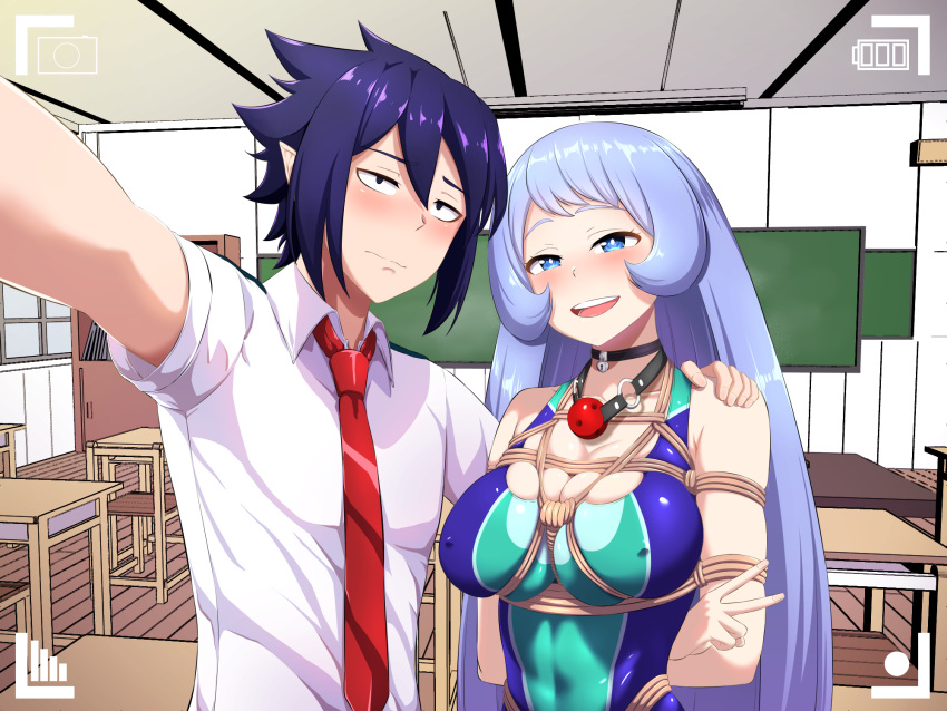1boy 1girl amajiki_tamaki ball_gag bare_shoulders bdsm black_hair blue_eyes blue_hair blush boku_no_hero_academia bondage bound breasts classroom cleavage competition_swimsuit covered_nipples gag hadou_nejire hand_on_another's_shoulder hetero highres large_breasts necktie one-piece_swimsuit open_mouth outstretched_arm restrained rope school_uniform self_shot short_sleeves smile swimsuit tied_up v