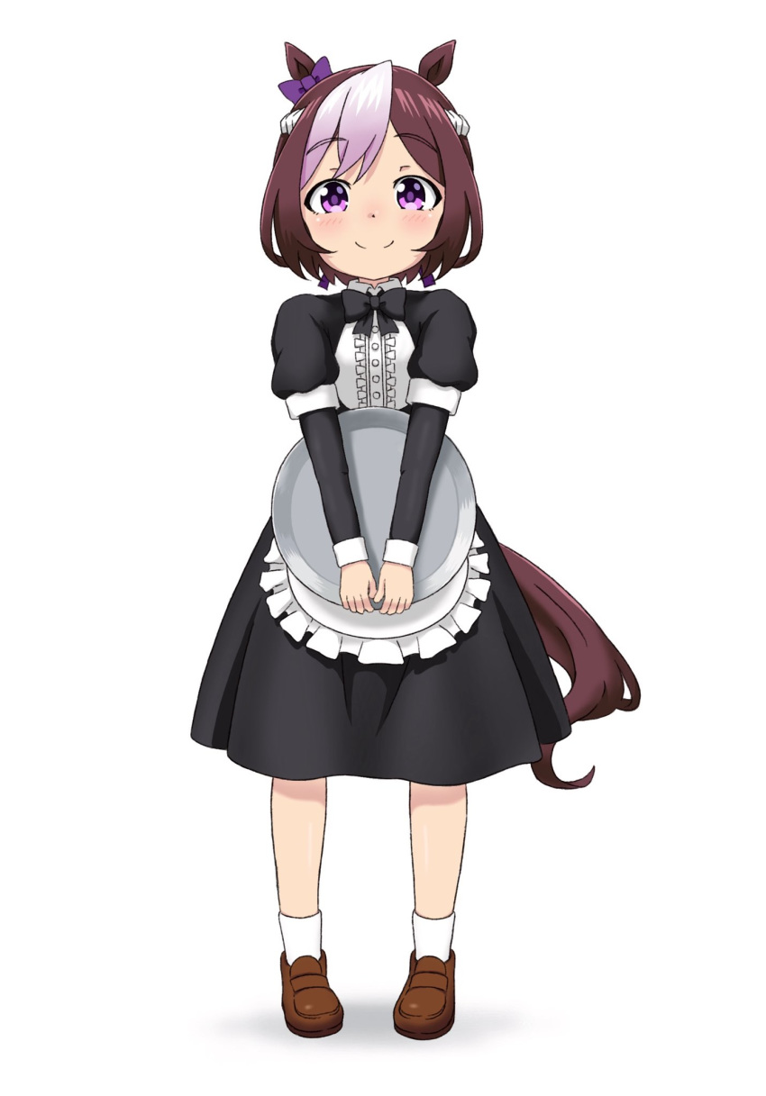 1girl alternate_costume animal_ears apron bangs black_dress black_neckwear bow bowtie brown_footwear closed_mouth collared_dress commentary dress ear_ribbon enmaided eyebrows_visible_through_hair frilled_apron frills full_body hachimaki headband highres holding holding_tray horse_ears horse_girl horse_tail juliet_sleeves kumaji_(kumazidayo) loafers long_sleeves looking_at_viewer maid medium_dress multicolored_hair puffy_sleeves purple_bow purple_eyes shoes short_hair simple_background smile socks solo special_week standing tail tray two-tone_hair umamusume waist_apron white_background white_headband white_legwear younger