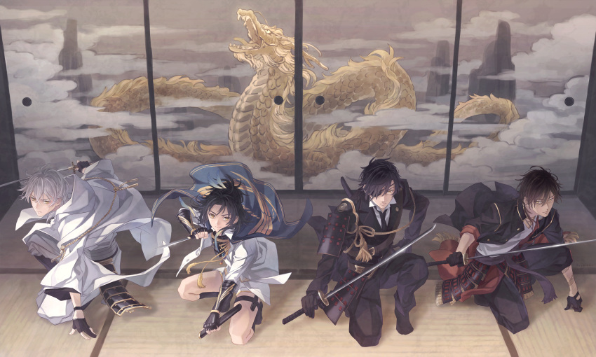 4boys arm_tattoo armor black_gloves black_hair brown_hair cape dragon eastern_dragon eyepatch feathers formal gloves hair_feathers highres hood japanese_armor japanese_clothes katana male_focus multiple_boys necktie one_knee ookurikara partly_fingerless_gloves sheath shokudaikiri_mitsutada short_sword shorts shoulder_armor sliding_doors sode suit suzuneko-rin sword taikogane_sadamune tantou tattoo touken_ranbu tsurumaru_kuninaga weapon white_hair yellow_eyes