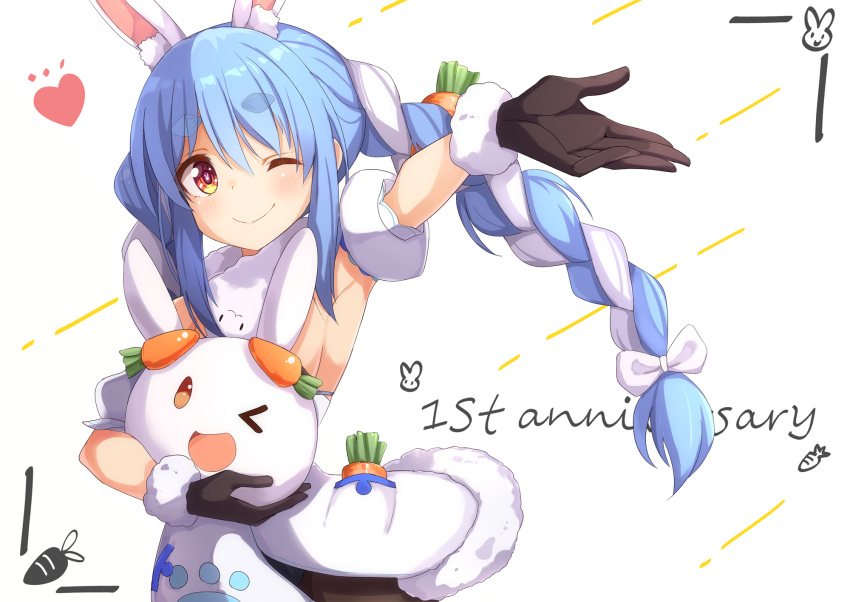 1girl ;) ame. animal_ear_fluff animal_ears anniversary arm_up armpits bangs black_gloves blue_hair blush bow braid brown_eyes brown_legwear bunny_ears carrot_hair_ornament closed_mouth commentary_request detached_sleeves don-chan_(hololive) dress eyebrows_visible_through_hair food_themed_hair_ornament fur-trimmed_dress fur-trimmed_gloves fur_trim gloves hair_between_eyes hair_bow hair_ornament heart highres hololive long_hair multicolored_hair one_eye_closed pantyhose puffy_short_sleeves puffy_sleeves short_eyebrows short_sleeves smile thick_eyebrows twin_braids twintails two-tone_hair usada_pekora very_long_hair virtual_youtuber white_background white_bow white_dress white_hair white_sleeves