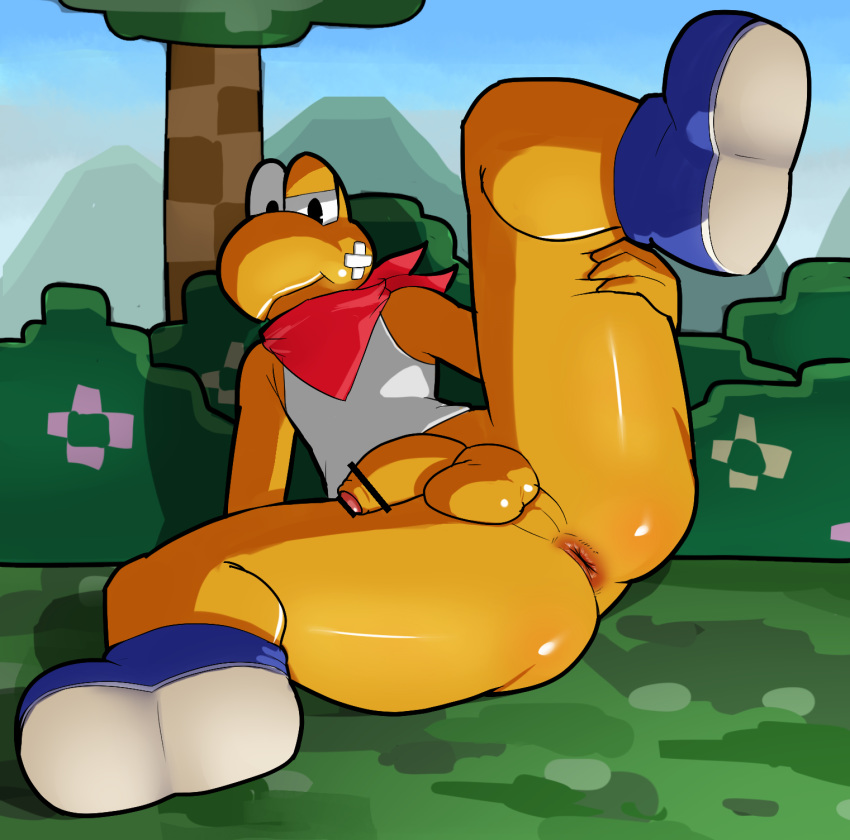 2020 anthro anus ateni balls bandage biped bottomless butt censored clothed clothing digital_media_(artwork) footwear genitals hi_res koopa koopa_troopa kooper looking_at_viewer male mario_bros nintendo paper_mario penis reptile scalie shirt shoes solo topwear uncut video_games