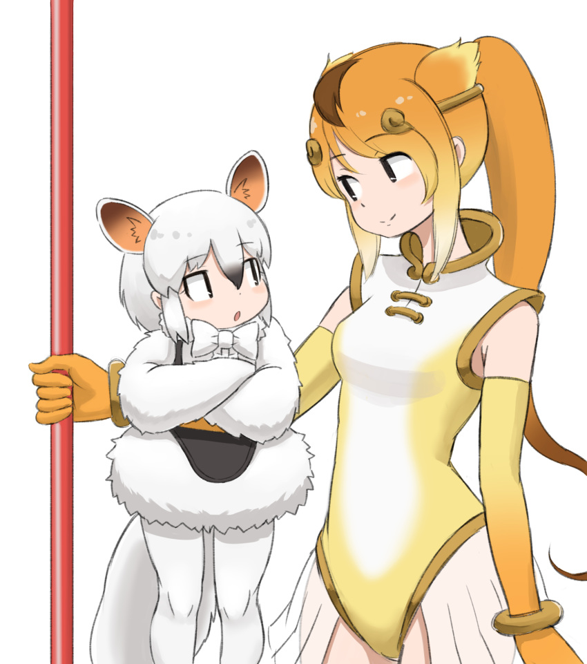 2girls animal_ears bangs black_hair bow bowtie brown_hair circlet commentary_request crossed_arms elbow_gloves extra_ears eyebrows_visible_through_hair gloves golden_snub-nosed_monkey_(kemono_friends) gradient_hair hair_between_eyes height_difference highleg highleg_leotard highres kemono_friends leotard long_hair long_sleeves looking_at_another multicolored_hair multiple_girls okome_kogashi open_mouth orange_hair pantyhose ponytail short_hair simple_background smile southern_tamandua_(kemono_friends) staff tamandua_ears tamandua_tail white_background white_bow white_hair white_legwear white_neckwear yellow_eyes