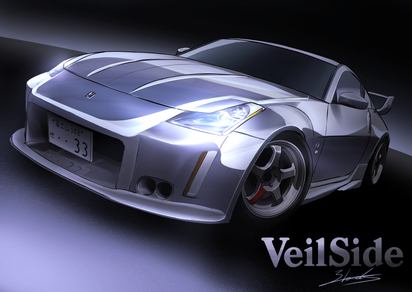 3books car gradient gradient_background ground_vehicle headlight highres motor_vehicle nissan nissan_350z no_humans original signature solo spoiler_(automobile) vehicle_focus veilside wheel