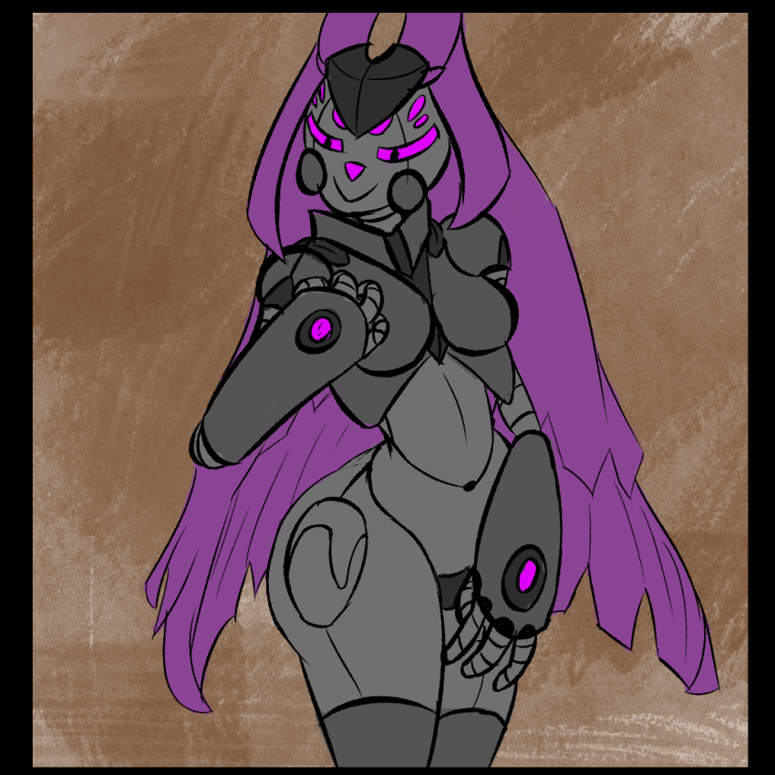 1:1 android anthro big_breasts big_butt black_border border breasts butt featureless_breasts featureless_crotch glowing glowing_eyes machine nude purple_eyes robot spooderdoodler thick_thighs zirca-t