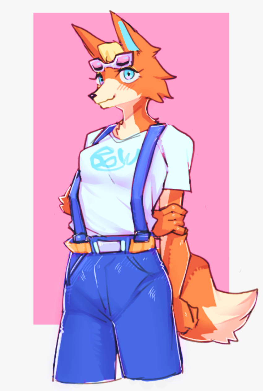 2020 absurd_res animal_crossing anthro audie_(animal_crossing) blue_eyes blush breasts canid canine canis clothed clothing eyewear female fingers fur hair hi_res kemono looking_at_viewer mammal multicolored_body multicolored_fur nintendo orange_body orange_fur solo sunglasses suspenders sususuigi two_tone_body two_tone_fur video_games white_body white_fur wolf