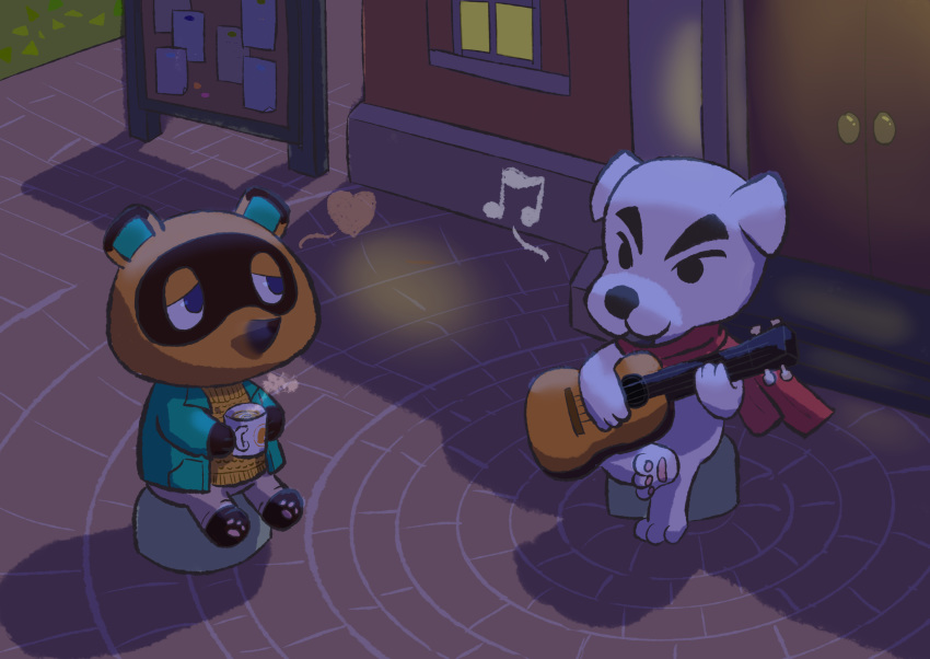 &lt;3 2020 animal_crossing anthro beverage bottomwear brown_body brown_fur canid canine canis clothing coffee detailed_background domestic_dog duo fur guitar hi_res hokolee32 k.k._slider mammal musical_instrument nintendo outside pants plucked_string_instrument raccoon_dog scarf shirt sitting slightly_chubby string_instrument tanuki tom_nook_(animal_crossing) topwear video_games white_body white_fur