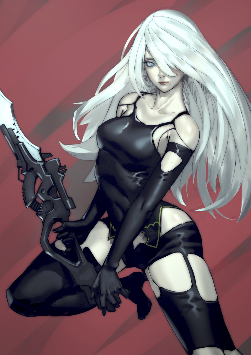 1girl absurdres android armlet bare_shoulders black_gloves black_shorts black_tank_top blue_eyes boots commentary_request elbow_gloves gloves hair_over_one_eye high_heel_boots high_heels highres holding holding_weapon joints long_hair mole mole_under_mouth nier_(series) nier_automata pale_skin red_background robot_joints shorts silver_hair tank_top thinker_0616 weapon yorha_type_a_no._2