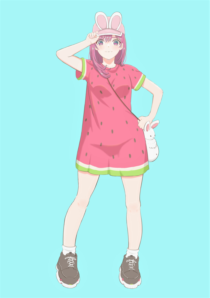 1girl absurdres adjusting_clothes adjusting_hat artist_request blue_background contrapposto eyebrows_behind_hair food_print full_body hand_on_hip hat highres looking_at_viewer medium_hair mole mole_under_eye oshi_ga_budoukan_itte_kuretara_shinu pink_hair pink_headwear purple_eyes shirt shoes simple_background sneakers solo standing teramoto_yuuka watermelon_print