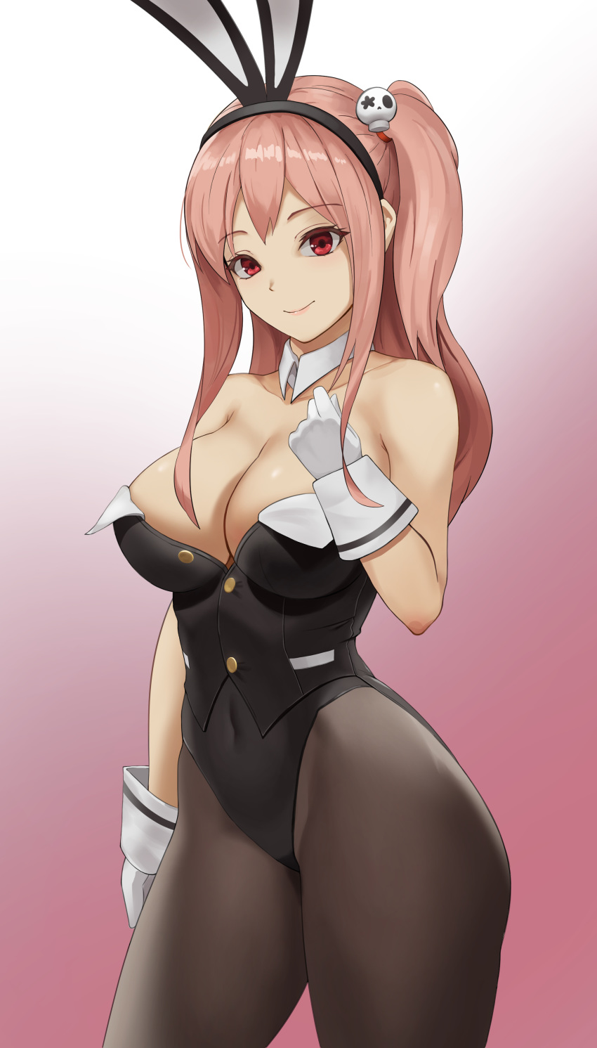 1girl absurdres animal_ears black_legwear black_leotard breasts bunny_ears bunny_girl bunny_tail bunnysuit cleavage cowboy_shot dead_or_alive dead_or_alive_5 detached_collar gloves gradient gradient_background highres honoka_(doa) large_breasts leotard long_hair looking_at_viewer one_side_up pantyhose pink_background pink_hair red_eyes saha_rei solo standing strapless strapless_leotard tail white_background white_gloves wrist_cuffs