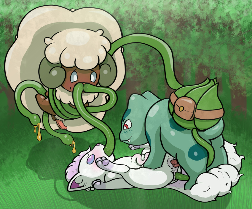 abdominal_bulge ahegao all_the_way_through alolan_vulpix anal anal_penetration animal_genitalia anus balls blue_eyes blush bodily_fluids bound_by_tentacles bulbasaur butt canid canine digital_media_(artwork) elemental_creature erection fan_character female female_penetrated feral flora_fauna fox fur genital_fluids genitals group hair hi_res hindpaw looking_pleasured male male/female male/male male_penetrated male_penetrating male_penetrating_male mammal multi_tail nectar nintendo open_mouth oral oral_penetration pawpads paws penetration penis plant pok&eacute;mon pok&eacute;mon_(species) pubes pussy rapistwerewolf red_eyes regional_form_(pok&eacute;mon) rooty_(leakyroot) scalie sex shiny_pok&eacute;mon smile tentacle_in_mouth tentacle_penetration tentacles toes triple_penetration vaginal vaginal_penetration video_games vines whimsicott white_body white_fur