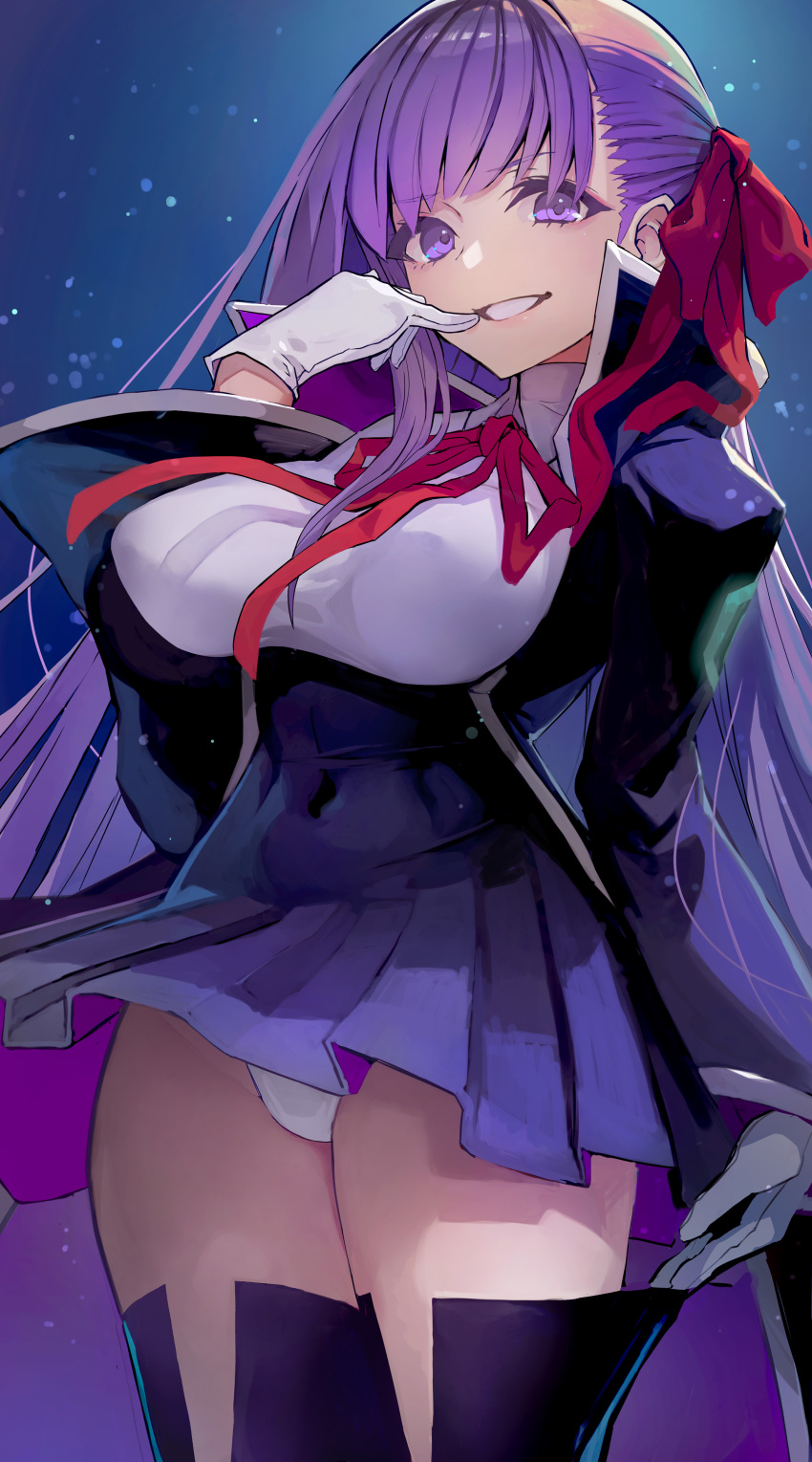 1girl absurdres bb_(fate)_(all) bb_(fate/extra_ccc) black_coat breasts coat fate/extra fate/extra_ccc fate/grand_order fate_(series) gloves hair_ribbon high-waist_skirt highres large_breasts leotard long_hair looking_at_viewer neck_ribbon popped_collar purple_eyes purple_hair red_ribbon ribbon skirt smile solo taishi_(picchiridou) very_long_hair white_gloves white_leotard