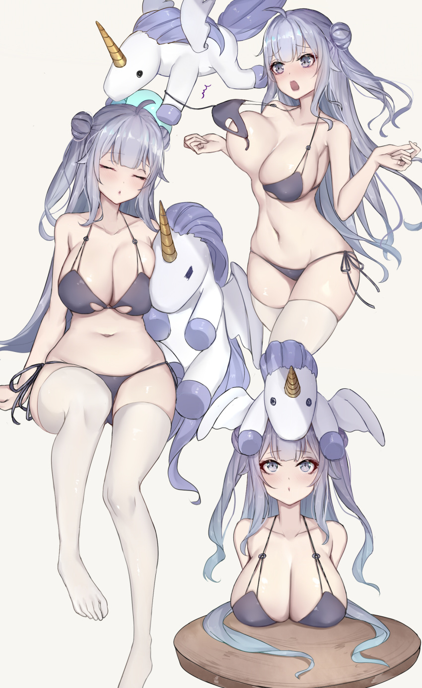 /\/\/\ 1girl absurdres accidental_exposure ahoge alicorn azur_lane bangs bare_arms bare_shoulders bikini black_bikini blunt_bangs bouncing_breasts breasts cleavage closed_eyes collarbone commentary_request double_bun eyebrows_visible_through_hair full_body highres horns large_breasts long_hair looking_up multiple_views navel no_shoes older purple_eyes purple_hair sherryqq side-tie_bikini simple_background single_horn sitting sleeping sleeping_upright stomach swimsuit thighhighs unaligned_breasts unicorn_(azur_lane) very_long_hair white_background white_legwear