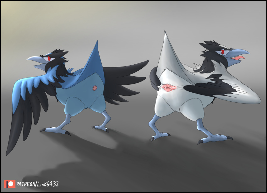 2020 animal_genitalia ass_up avian black_border blue_body border cloaca corvisquire duo female feral genitals gradient_shading hi_res link6432 looking_at_viewer nintendo open_mouth pok&eacute;mon pok&eacute;mon_(species) pussy shiny_pok&eacute;mon signature simple_background spread_pussy spreading video_games white_body