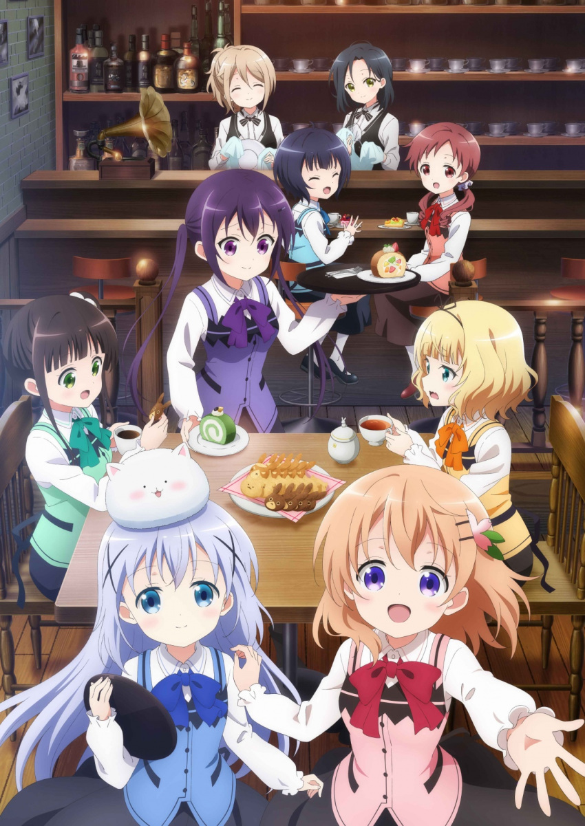 gochuumon_wa_usagi_desu_ka? hoto_cocoa kafuu_chino kirima_sharo natsu_megumi tagme tedeza_rize tippy_(gochuumon_wa_usagi_desu_ka?) ujimatsu_chiya waitress