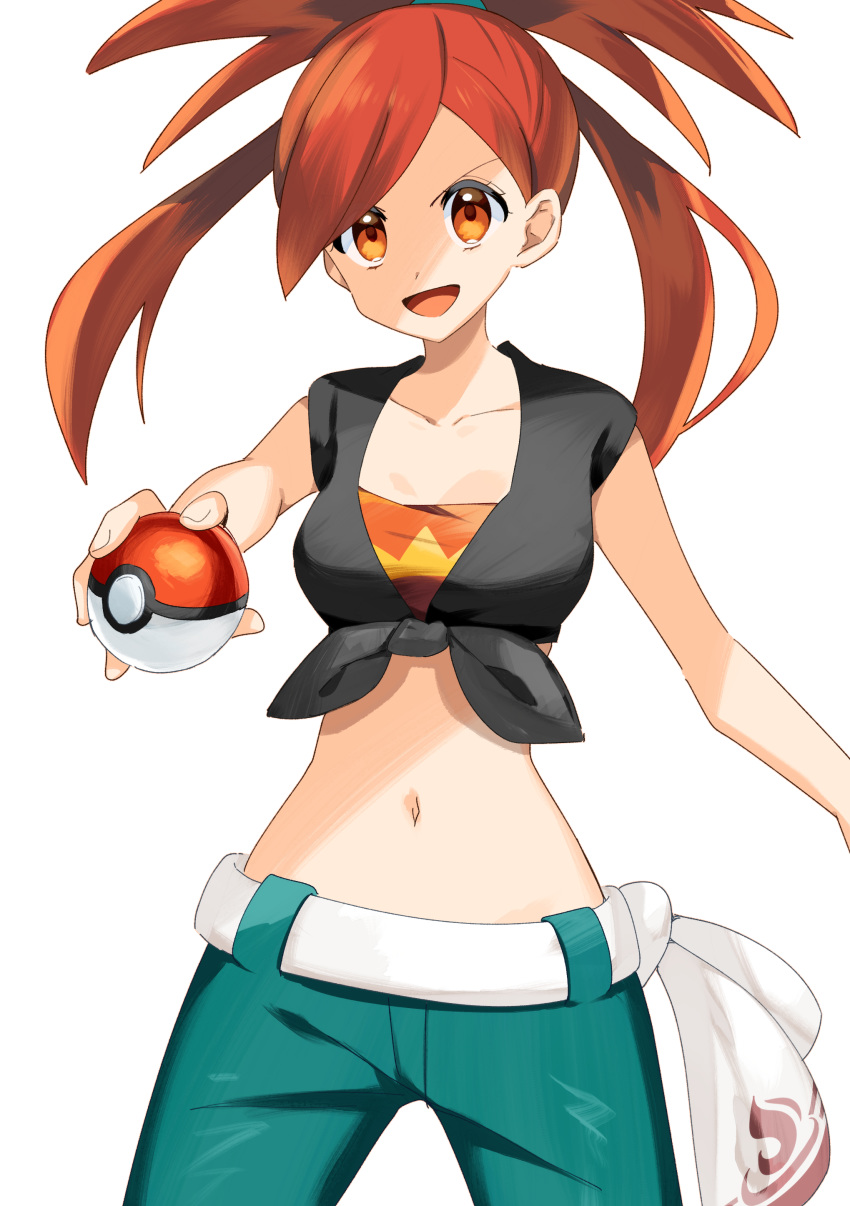 1girl :d absurdres asuna_(pokemon) bangs blue_pants breasts cleavage collarbone cowboy_shot floating_hair high_ponytail highres holding holding_poke_ball long_hair medium_breasts midriff navel open_mouth orange_eyes pants parted_bangs poke_ball pokemon pokemon_(game) pokemon_oras red_hair shirt simple_background smile solo standing stomach tied_shirt v-shaped_eyebrows white_background yuihiko