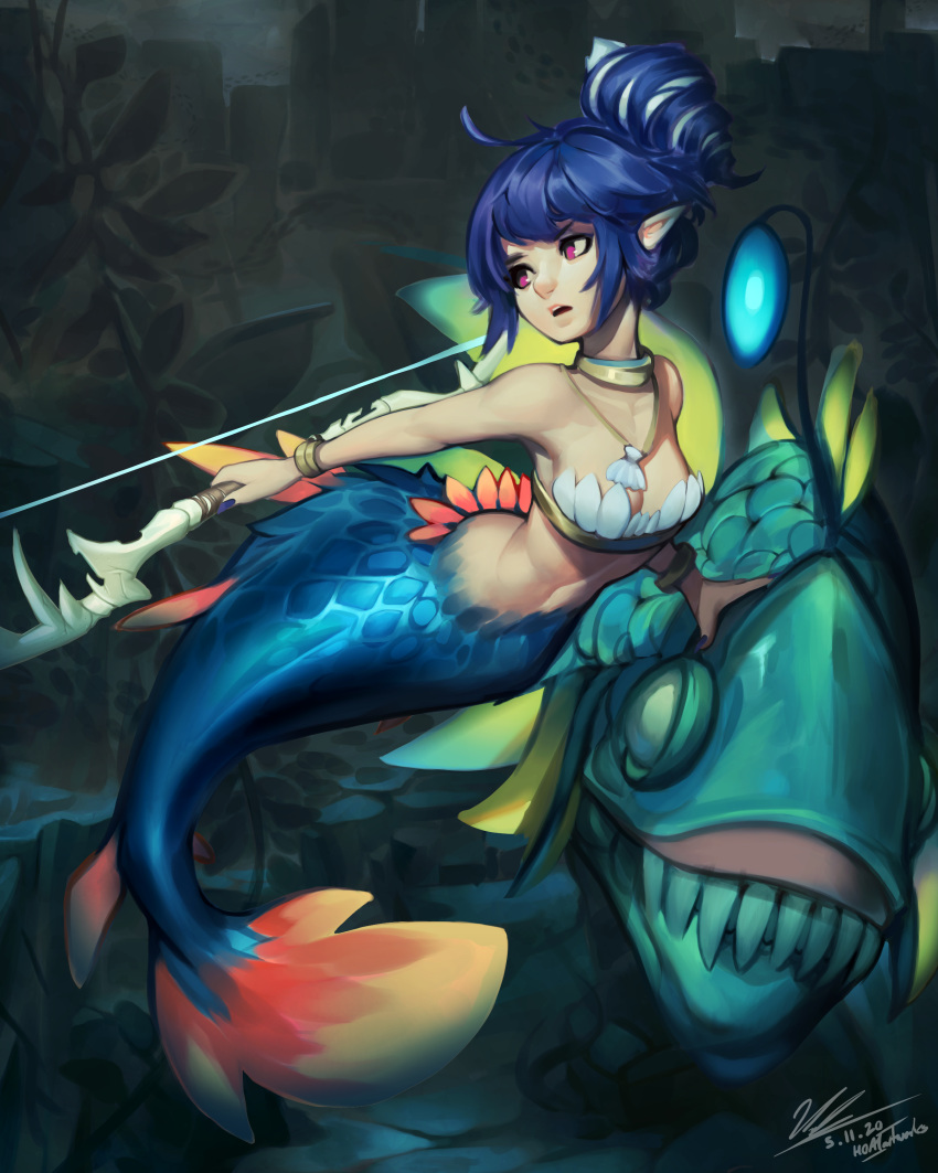 absurdres ahoge anglerfish armpits bare_arms bare_shoulders blank_eyes blue_hair blue_nails bow_(weapon) bra bracelet breasts cleavage collarbone commentary dark dated english_commentary fingernails fins fish full_body gold_bracelet gorget hand_on_another's_head highres holding holding_bow_(weapon) holding_weapon illicium jewelry kelp long_fingernails looking_to_the_side medibang_paint_(medium) mermaid monster_girl navel necklace no_pupils original outstretched_arm pink_eyes pink_lips pointy_ears scales seashell_hair_ornament seashell_necklace sharp_teeth shell shell_bikini sideboob sidelocks signature strapless strapless_bra submerged teeth toned underwater underwear upper_teeth v-shaped_eyebrows victor_nguyen weapon white_bra