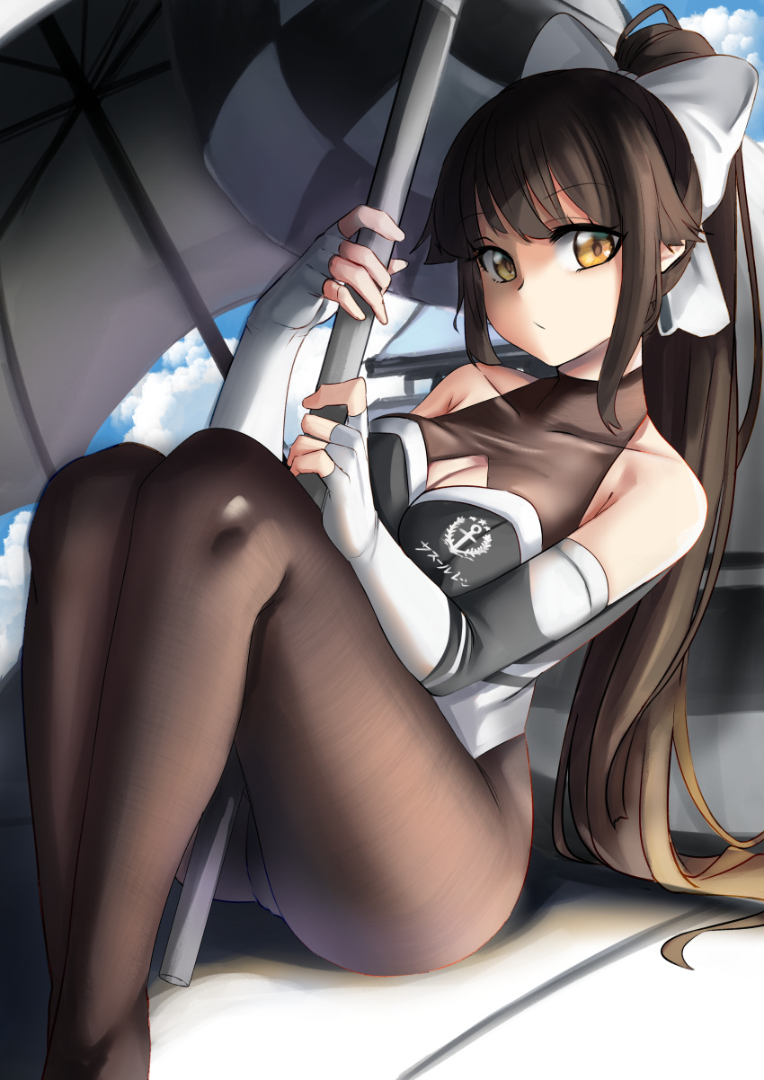 1girl absurdres azur_lane black_hair black_legwear bow breasts brown_eyes car cleavage_cutout dvdraw fingerless_gloves gloves ground_vehicle hair_flaps highres large_breasts logo long_hair looking_at_viewer motor_vehicle multicolored_leotard pantyhose ponytail race_queen sitting solo takao_(azur_lane) takao_(full_throttle_charmer)_(azur_lane) two-tone_leotard umbrella white_bow white_gloves