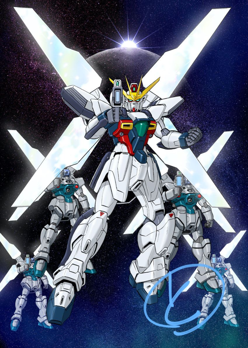 after_war_gundam_x clenched_hand green_eyes gun gundam gundam_x gx-bit highres holding holding_gun holding_weapon mecha mobile_suit no_humans satellite_cannon science_fiction shoulder_cannon solo_focus space tokita_kouichi v-fin weapon