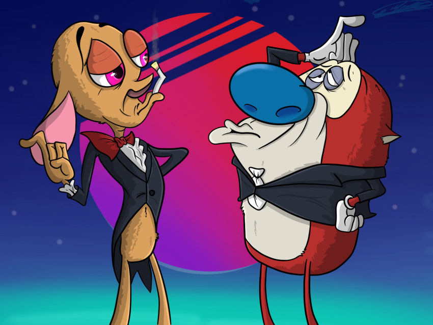 4:3 aafox196 anthro canid canine canis chihuahua clothed clothing detailed_background digital_media_(artwork) domestic_cat domestic_dog duo elegant felid feline felis fur hi_res male male/male mammal necktie nickelodeon ren_and_stimpy ren_h&ouml;ek smile stimpy_j._cat suit toy_dog